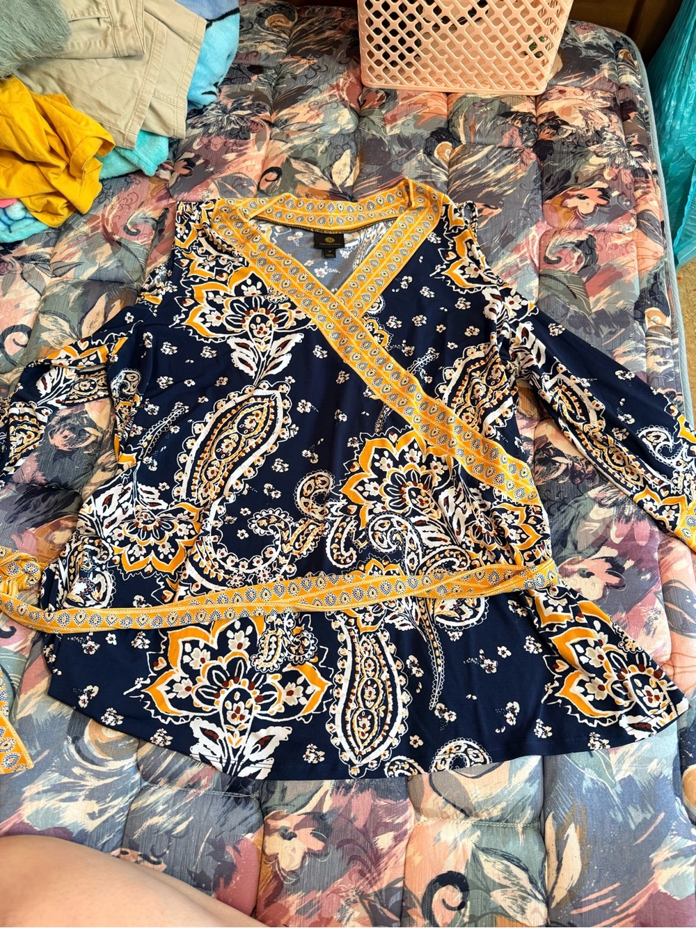 JM Collection Navy and Mustard Paisley Cold-Shoulder Wrap Blouse